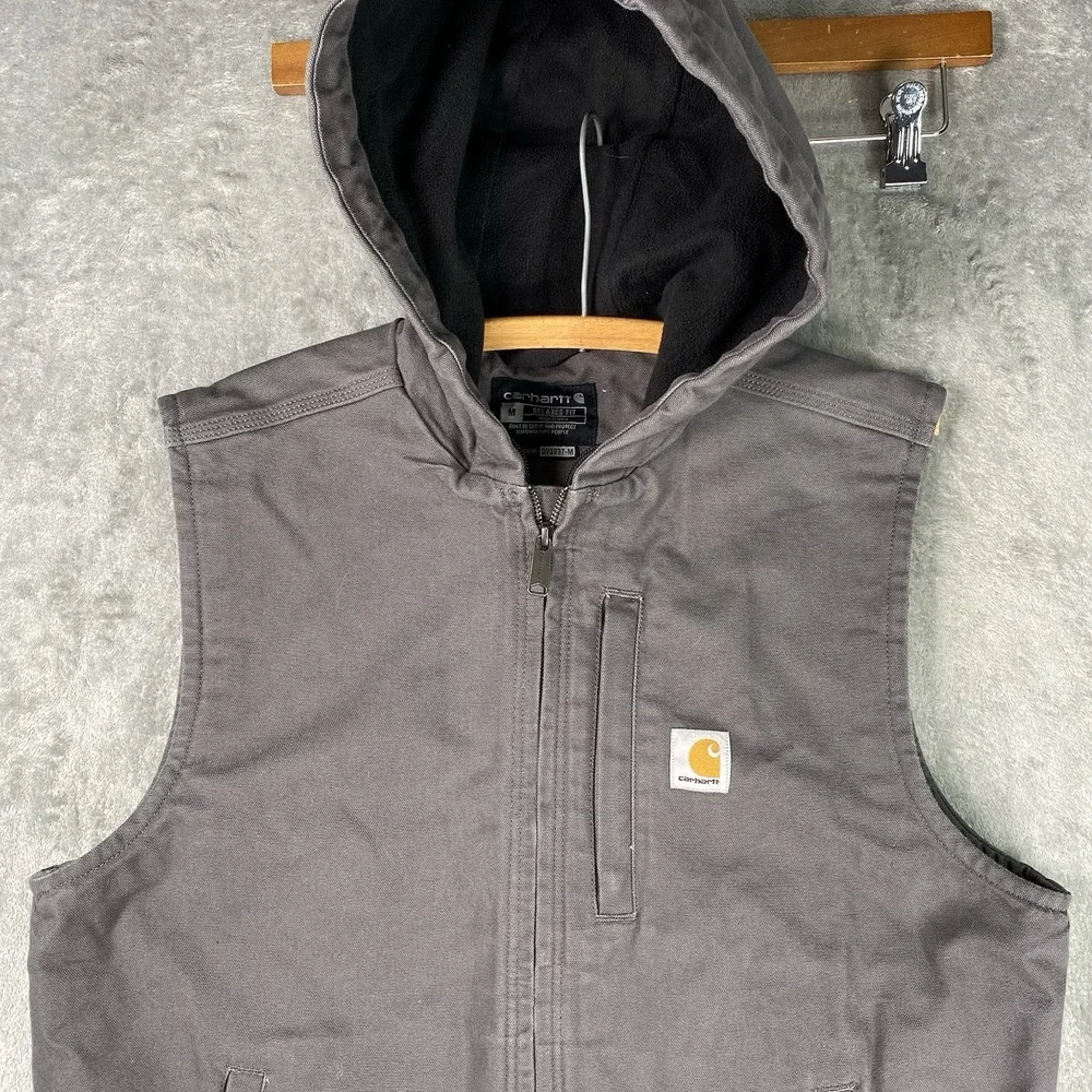 Carhartt Duck Canvas Fleece Lined Vest Mens M Relaxed Fit Gray Hooded 103837 GVL